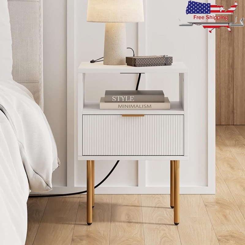 Modern Nightstand W/ Charging Station Storage Drawer & Open Shelf Table New