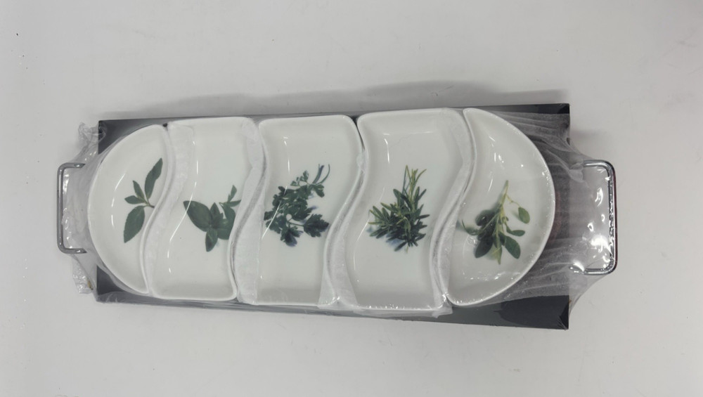 Botanical Herbs Five 5 Sectional Divided Serving Dishes on Tray New