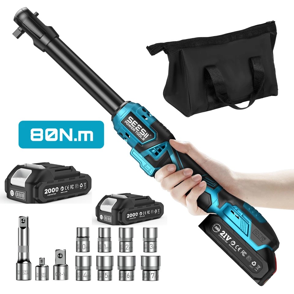 Seesii Cordless 3/8" Right Angle Ratchet Wrench Kit 2*Battery 80NM 59Ft-lbs tool