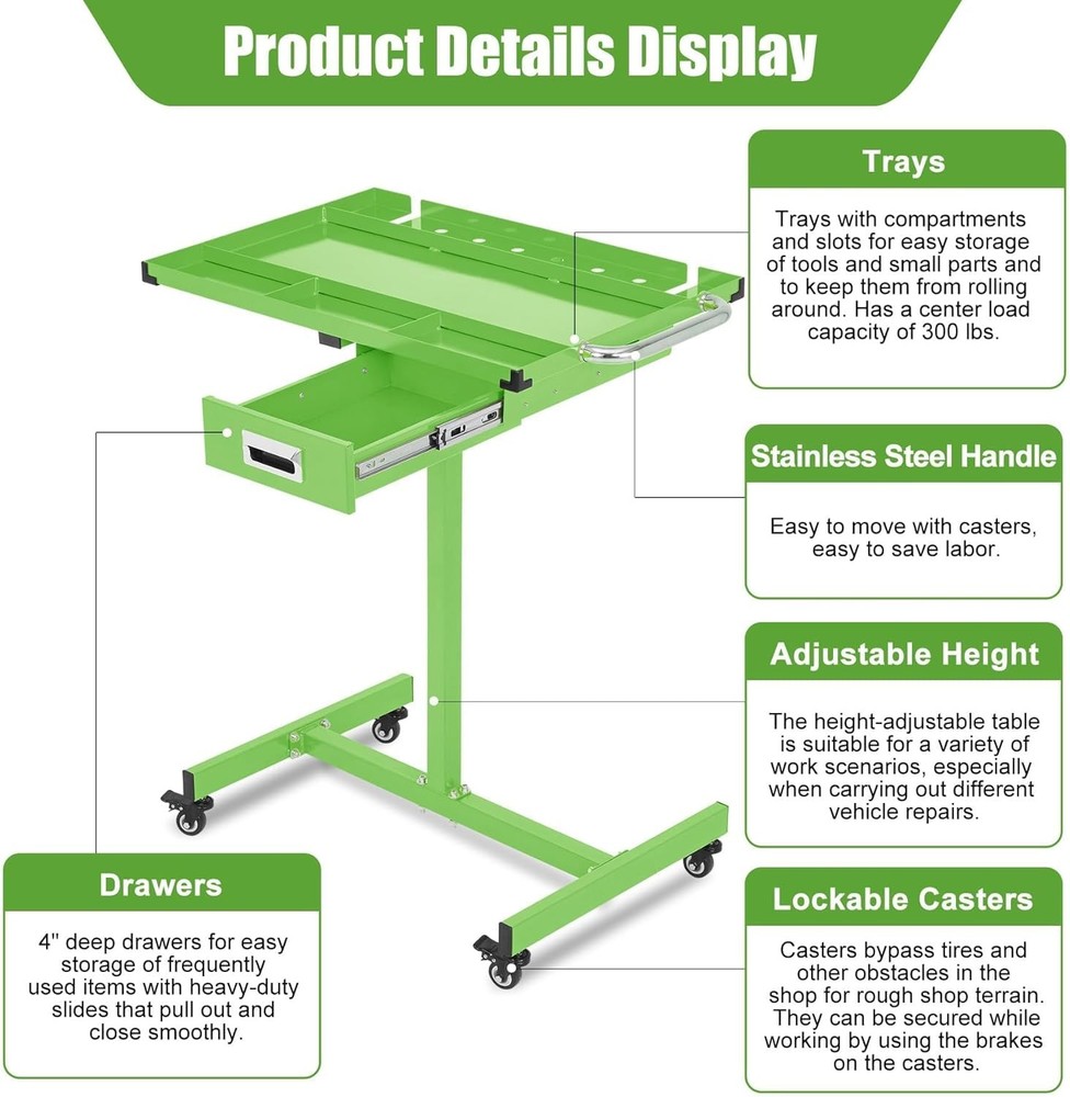 Mobile Workbench Height Adjustable (35" to 44.8") & Lockable Wheels, 300LBS