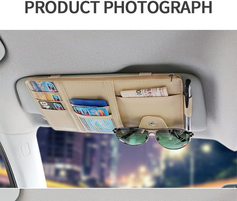 PU Leather Car Sun Visor Organizer Pouch Bag Multiple Pocket Card Storage Beige