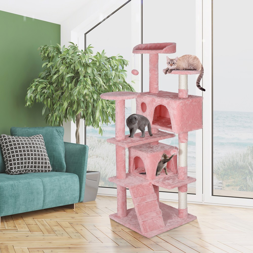 55 Inch Cat Tree Tower Condo Scratching Post Kitten Activity W/3 Perches Pink