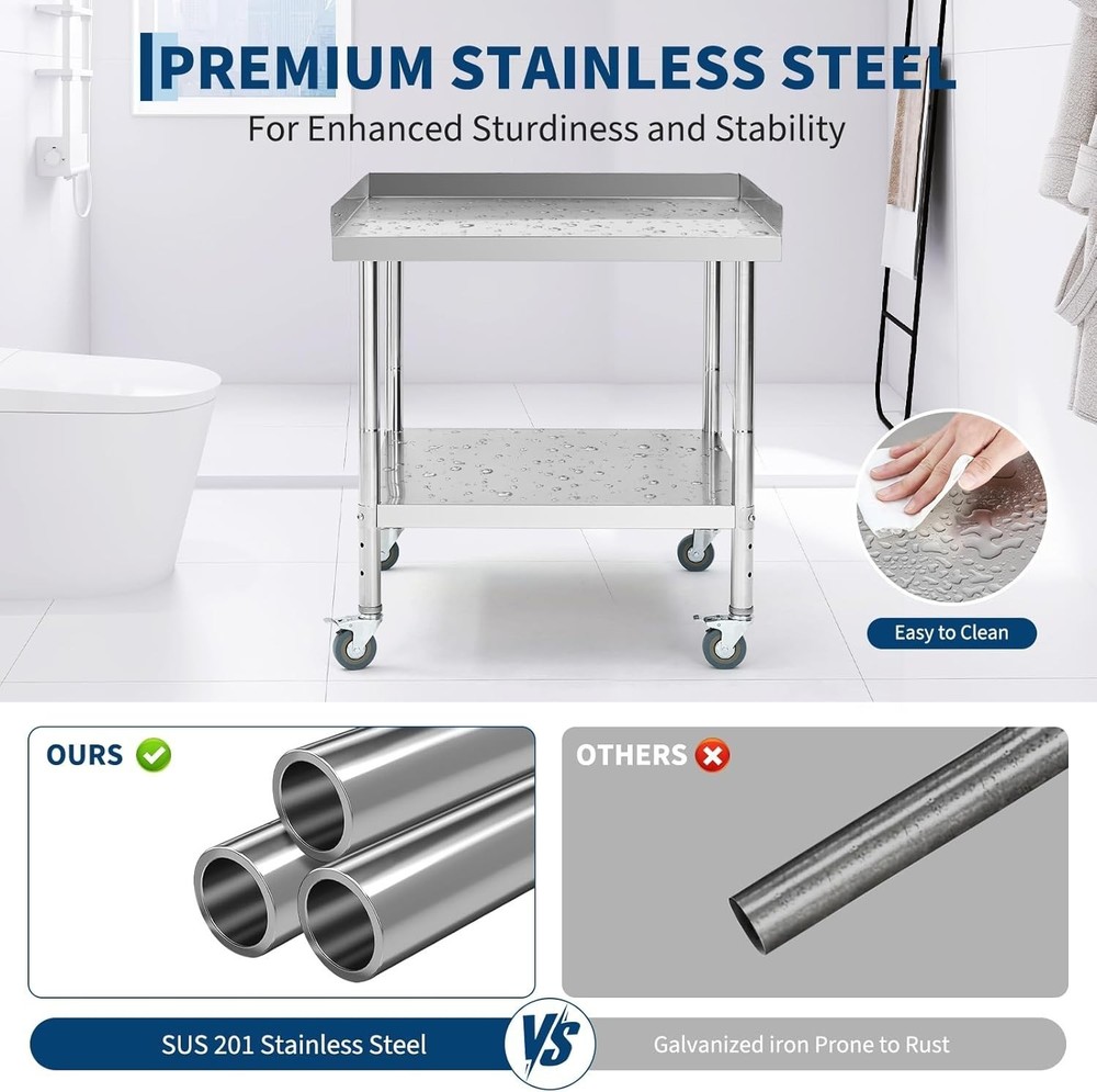 Stainless Steel NSF Kitchen Restaurant Work Prep Table with Wheels & Backsplash