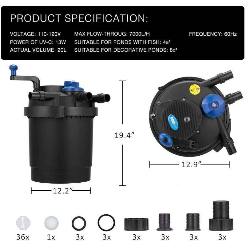 Pressurized Biological Pond Filter w/ 13-w UV Sterilizer Light 2100G ETL Listed
