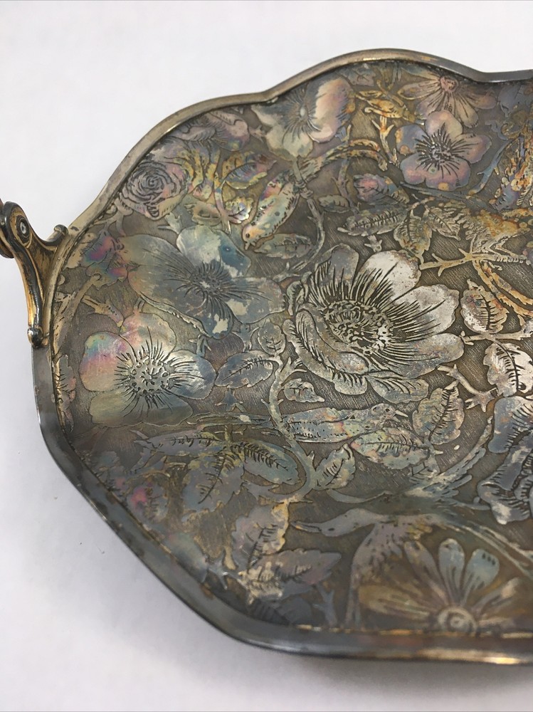 Tapestry Silverplate Floral Embossed Handled Basket Trinket Dish Display