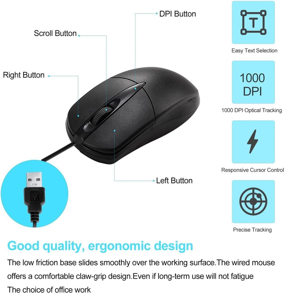 USB 2.0 Optical Wired Scroll Wheel Mouse PC Laptop Notebook Desktop Black Mice