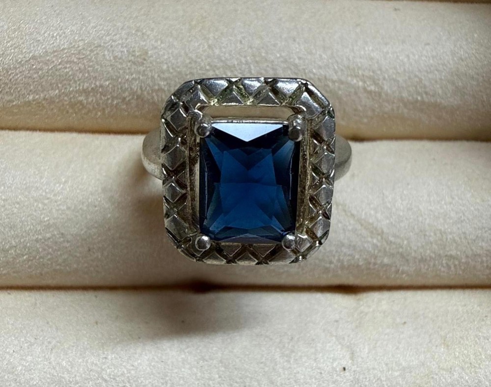 Sterling Silver Ring with Cushion Cut Rectangular Blue Sapphire