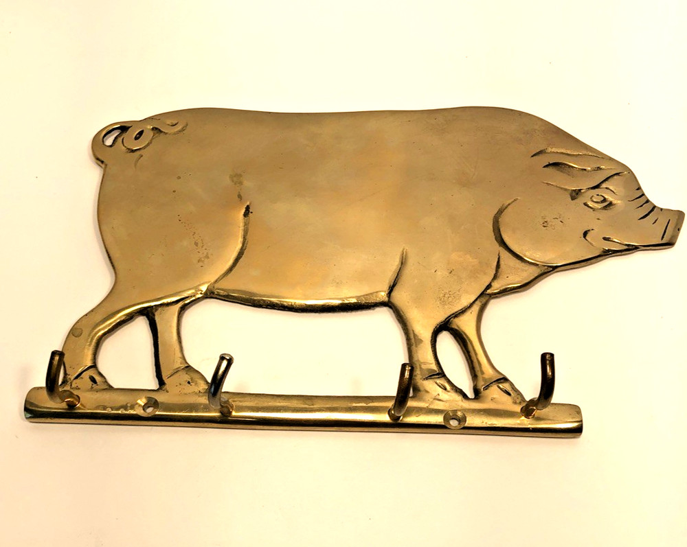 Solid Brass 4" Wall Mounted Piggy Key Holder-4 Hooks~Rustic Home & Farm Decor