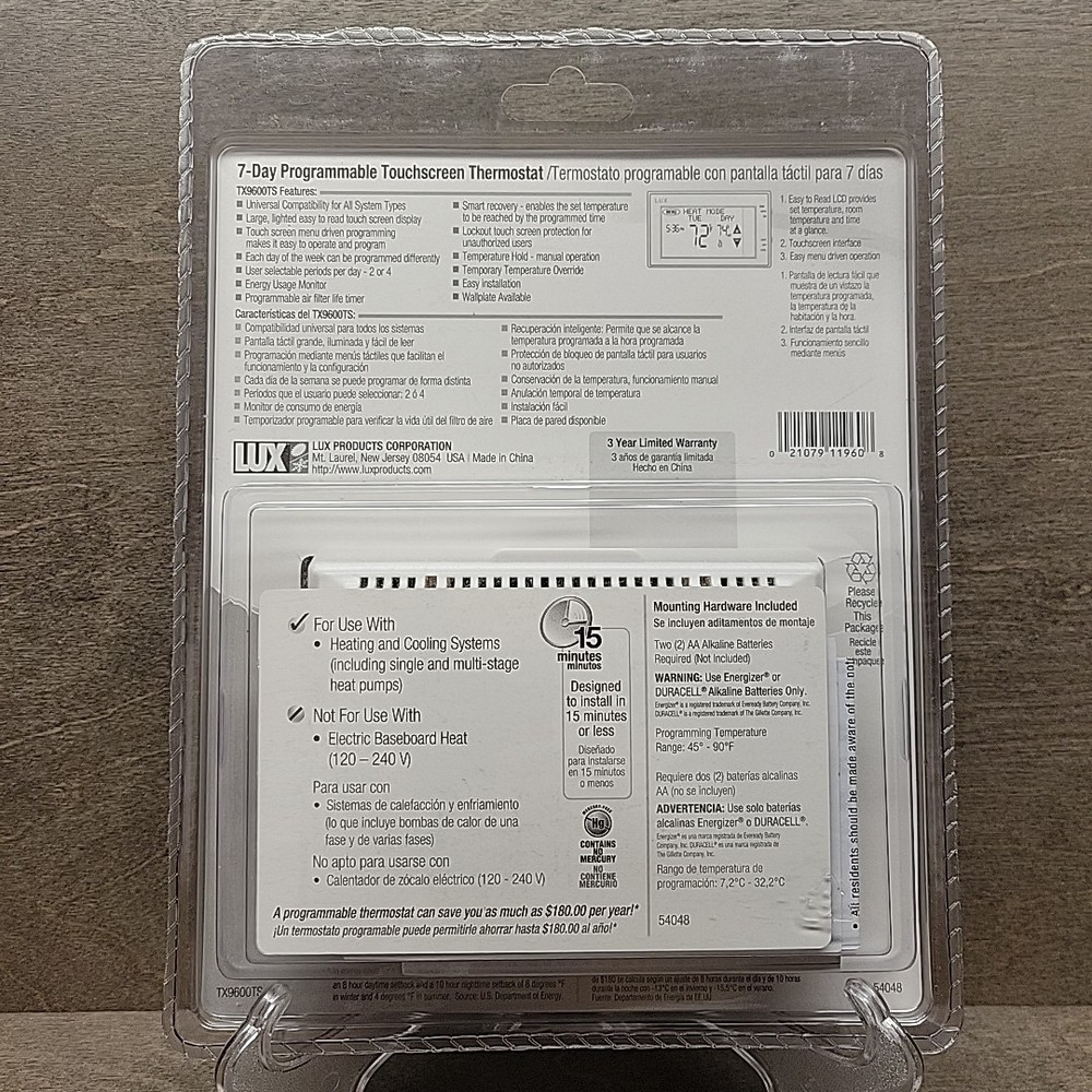 Lux TX9600TS Touchscreen 7-Day Programmable Thermostat - White, New, Sealed