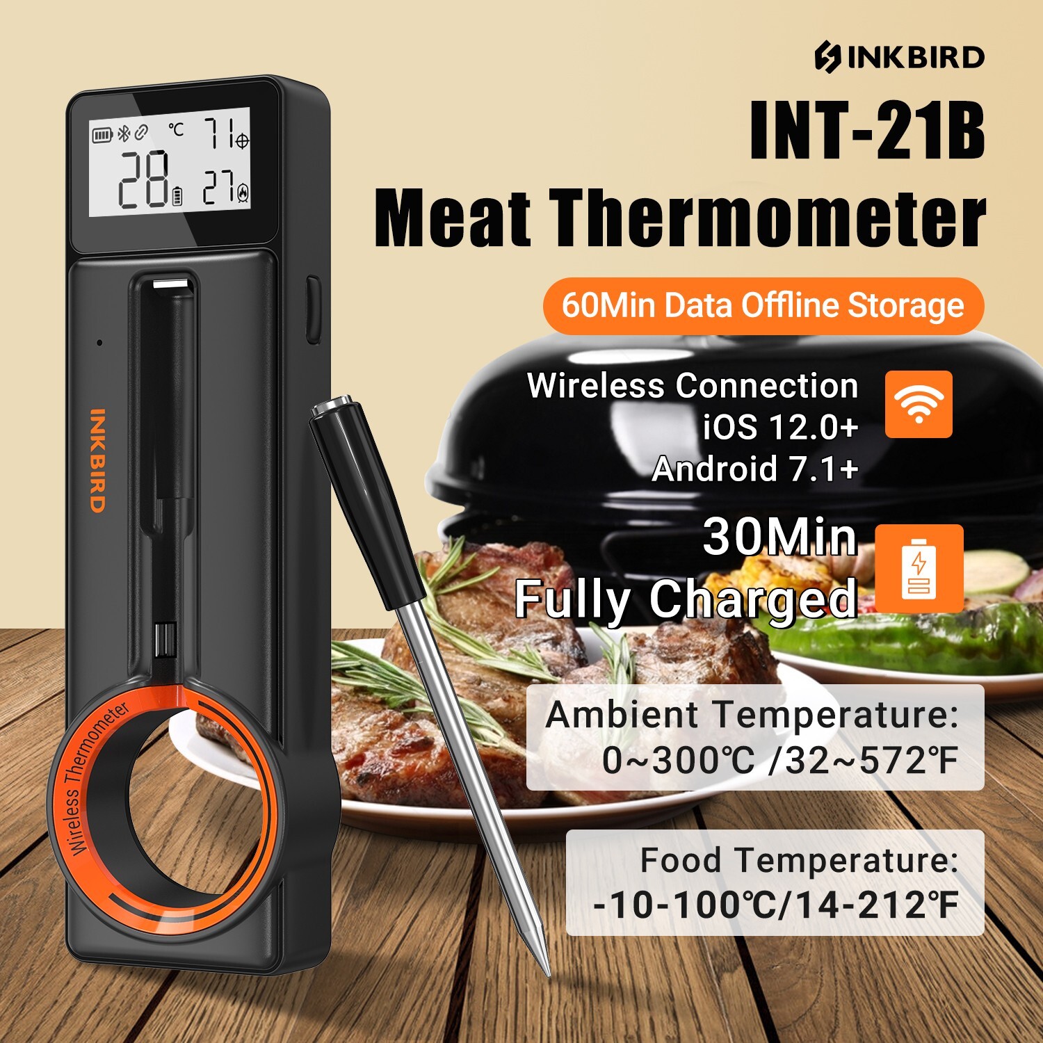 Inkbird Wireless Cooking Meat Thermometer 60min Data Storage 25min Rechargeable