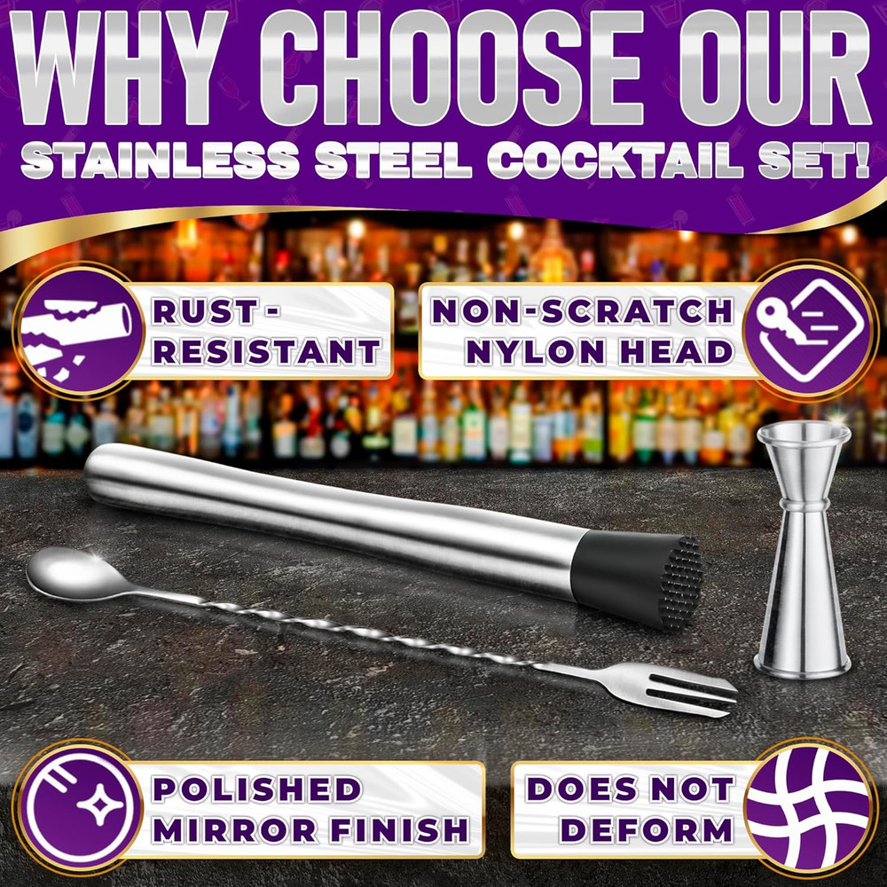 3 Pcs Muddler Set - Bar Muddler, Cocktail Spoon & Jigger for Mixing Drinks