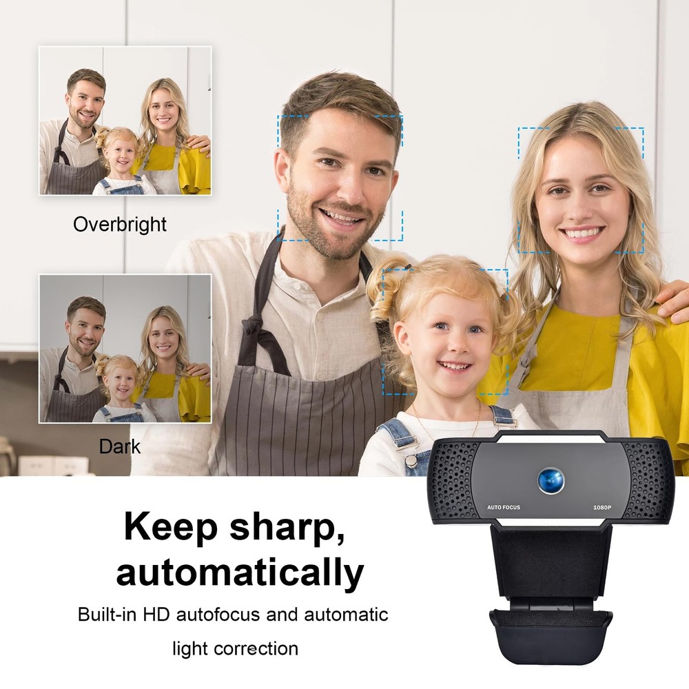 EACH AutoFocus Full HD Webcam 1080P with Privacy Shutter - Pro Web Camera with D