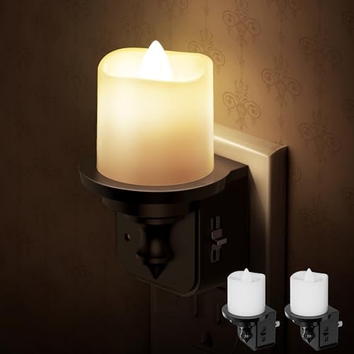Flameless Candle Night Light, Night Lights Plug into Wall Pack, 2 Black Warm