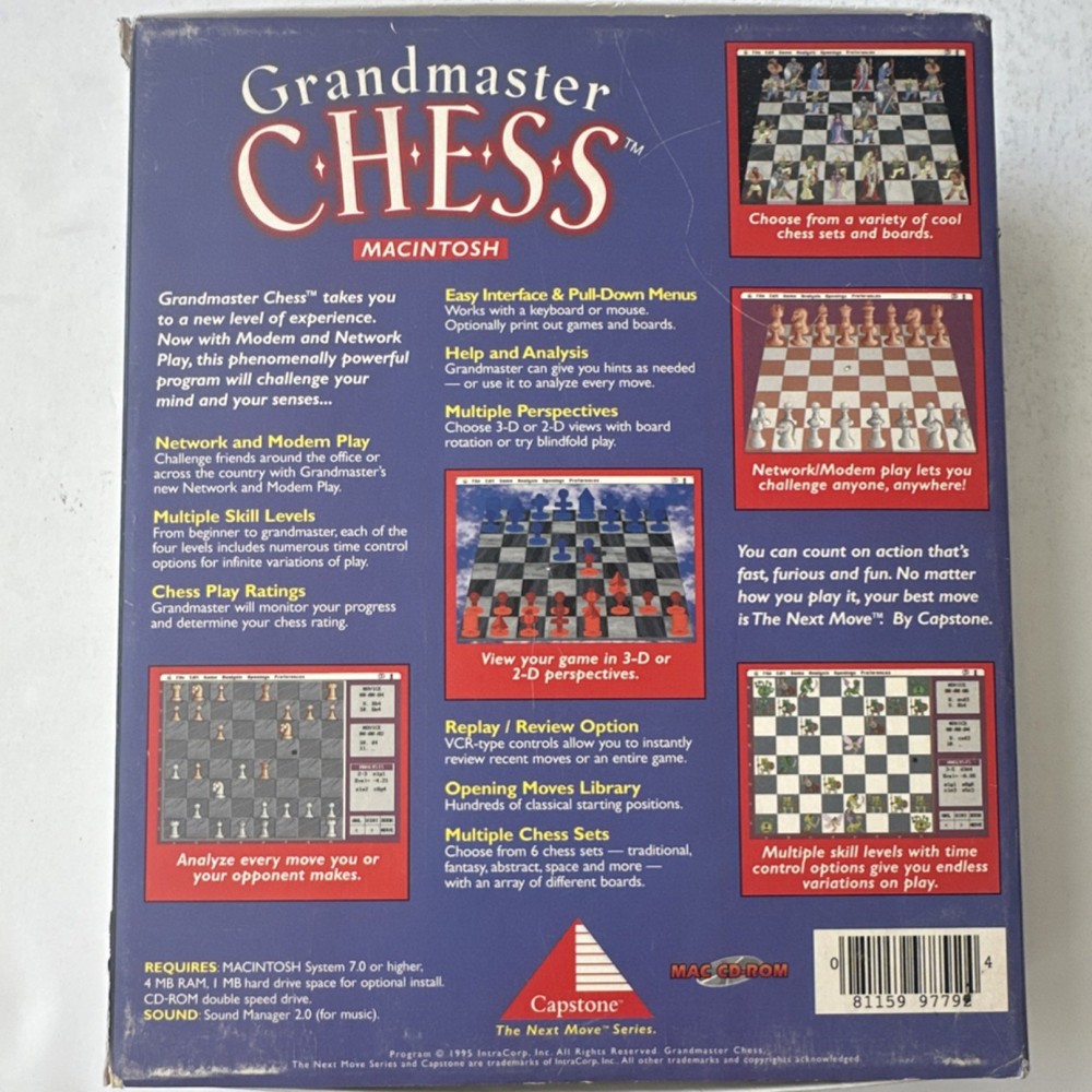 Capstone Grandmaster Chess for Macintosh System 7+ CD-ROM Software w/ Manual