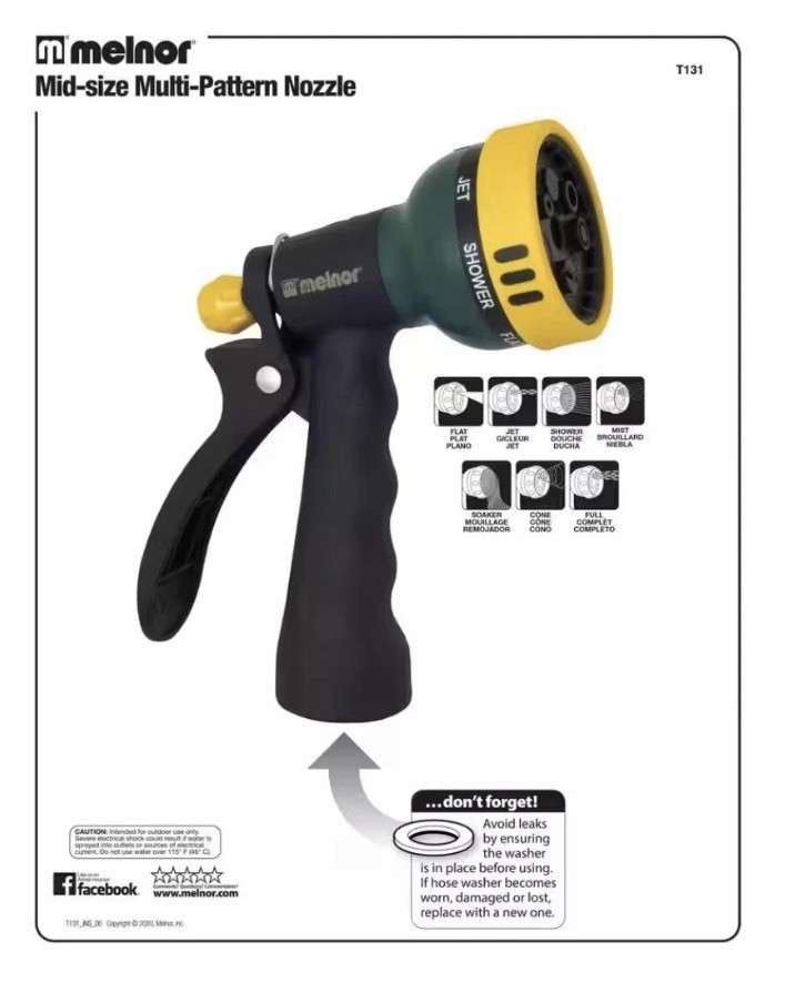 Melnor T131 Spray Watering Nozzle 7-Pattern Adjust Tip Rubber Grip Trigger Lock