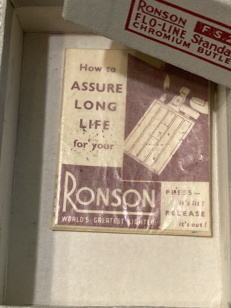 VINTAGE RONSON FLO-LINE CHROME LIGHTER BAKELITE CASE AND BOX NO LIGHTER