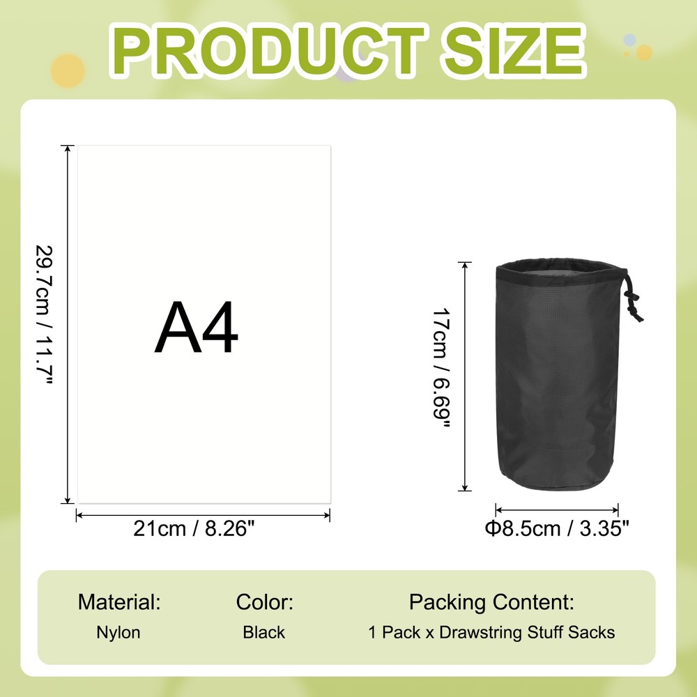 Stuff Sack, Nylon Waterproof Storage Sacks, 3x7Inch(Black)