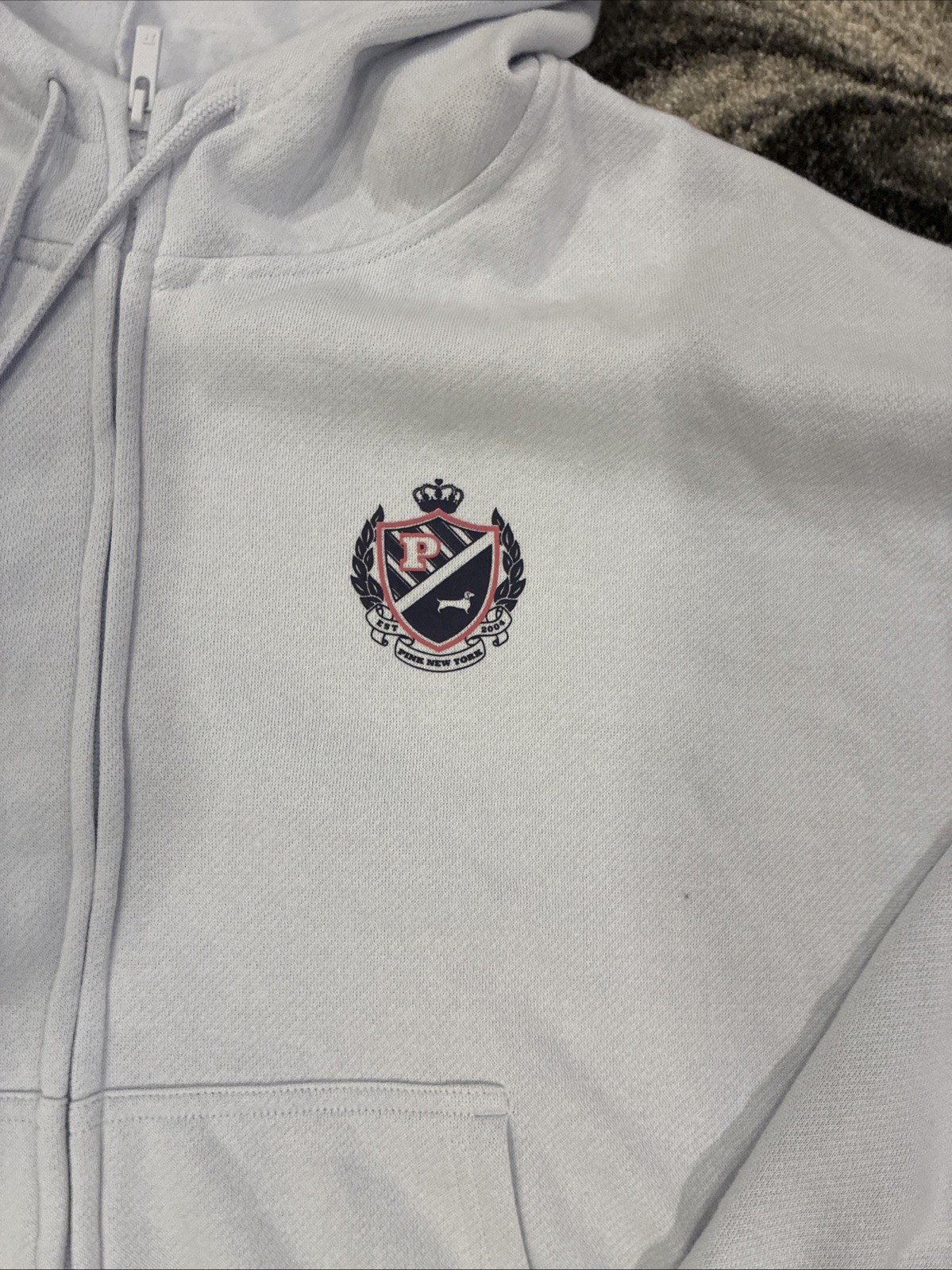 New Victoria’s Secret Pink Full Zip Hoodie (L) Drawstring Logo Light Blue NWT