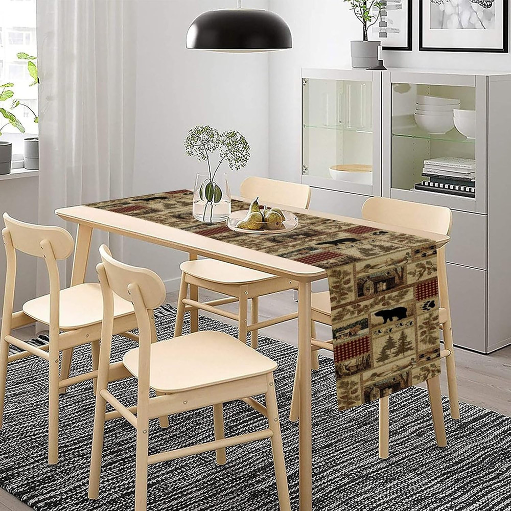 Rustic Country Bear Table Runner,Patchwork Cabin Wild Animals Hunting Table Clot