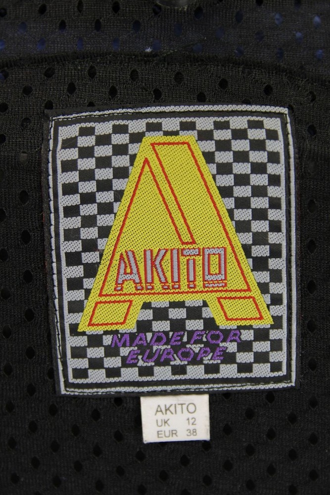 AKITO BLACK, BLUE & SILVER LEATHER BIKER JACKET WITH PROTECTORS: SIZE 12