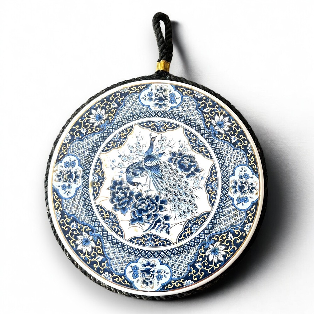 Blue White Ceramic Trivet Peacock Design Cork Back 6 Inch Round