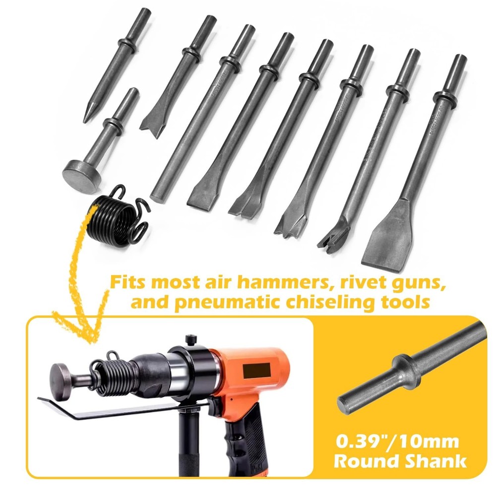 10Pcs Air Hammer Bits Set, Pneumatic Chisel Tools with Spring, Air Hammer Pun...