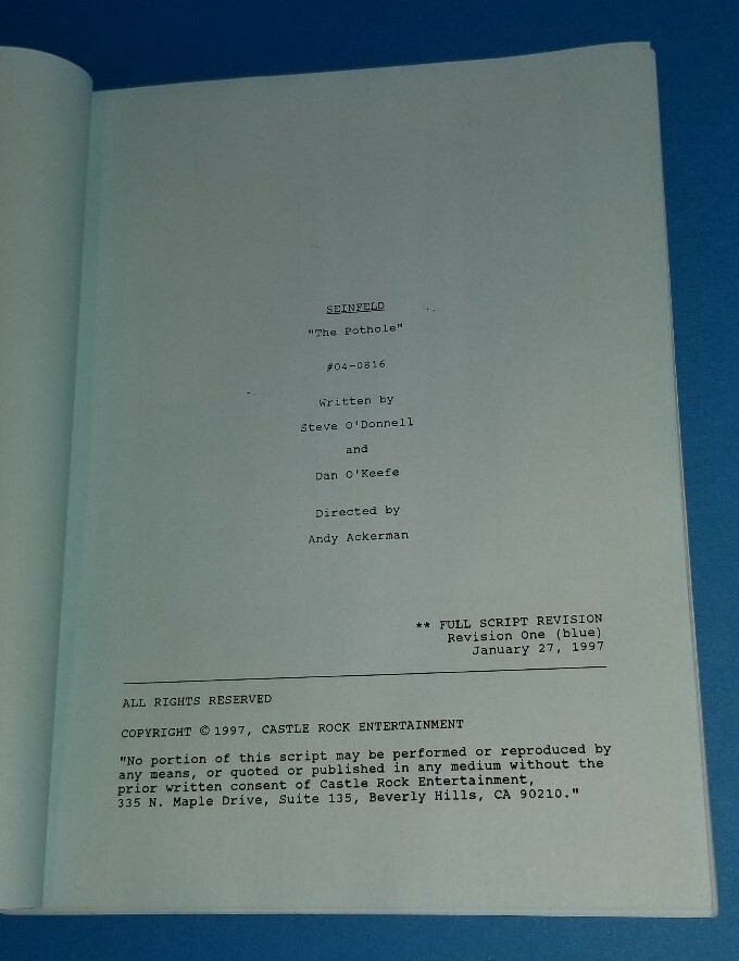 Jerry Seinfeld owned Original SCRIPT for The Pothole CALL SHEET Personal Owned