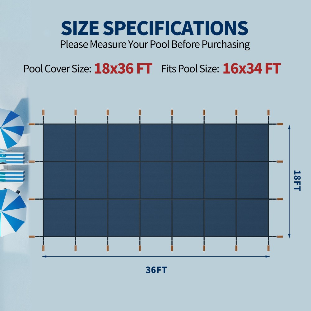 Safety Pool Cover for 18x36ft Rectangular Inground Pools, Triple Stitched, Blue