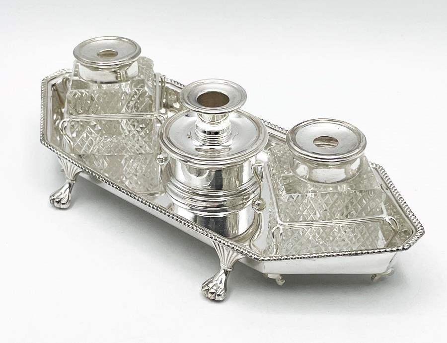 DESK INKSTAND SILVER PLATED ANTIQUE LION PAW FEET