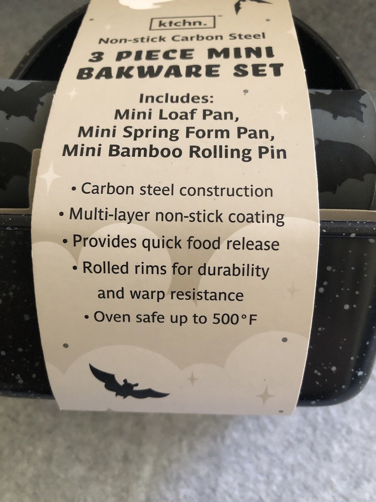 3 Piece Mini Bakeware Ktchn Mini Loaf Spring Pan Rolling Pin Bat Halloween