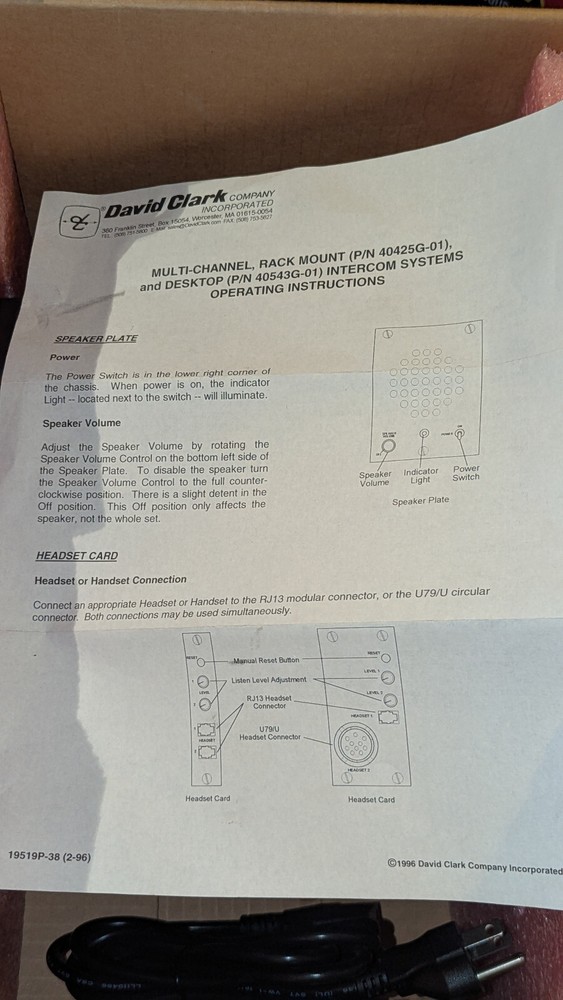 Walker / David Clark Multi-Channel Desktop Intercom 40543G-01 NIB