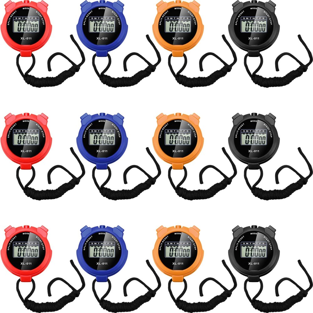 TOODOO 12 Pack Multi Function Digital Stopwatch Timer Black Blue Red Orange