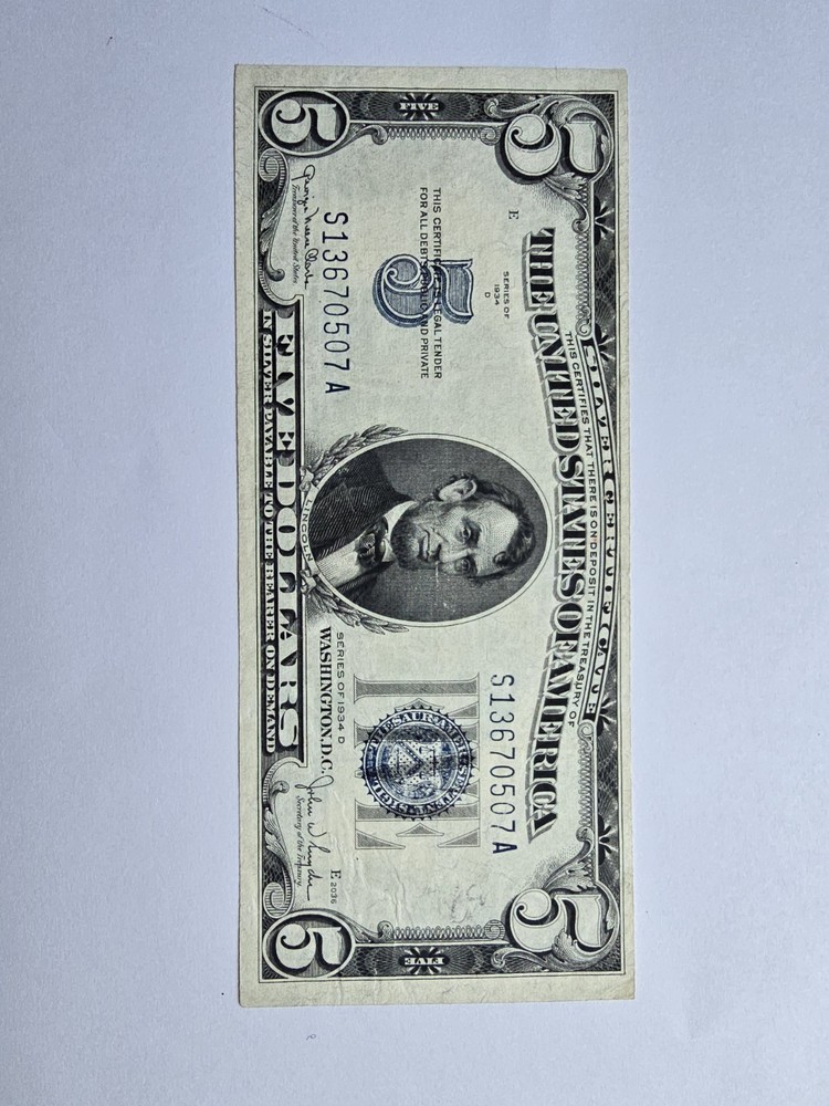 1934-D Silver Certificate $5 Crisp Blue Seal