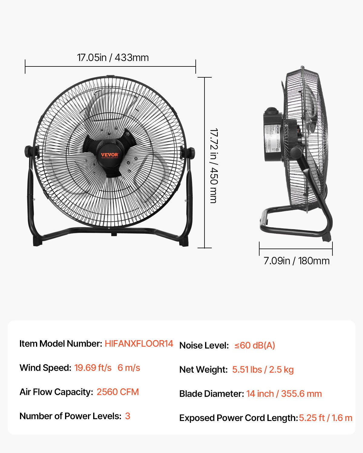 VEVOR 14" Floor Fan 3 Speeds 360° Adjustable Tilt High-Velocity Industrial Fan