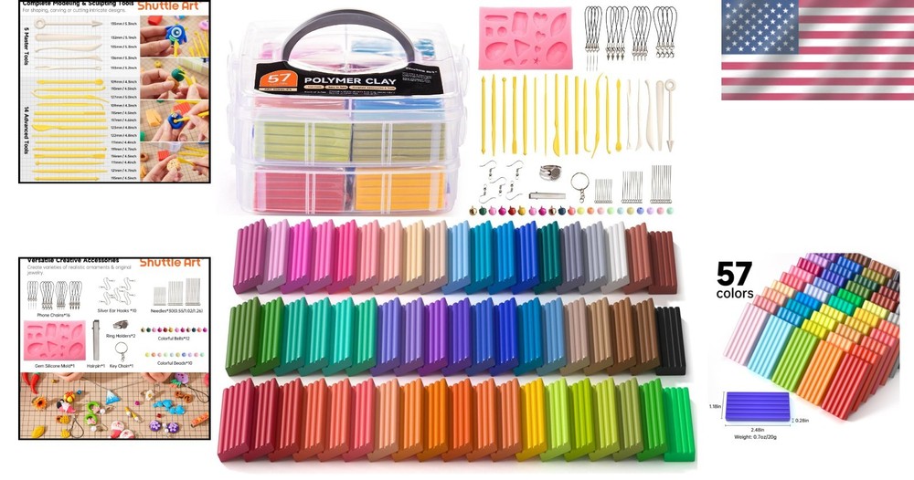 Versatile Polymer Clay Kit: 57 Colors, 19 Tools - Perfect for Creative Minds
