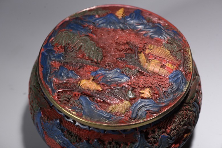 Old Dynasty Red Wood lacquerware Painting Carve tree house Jar Pot Crock pair