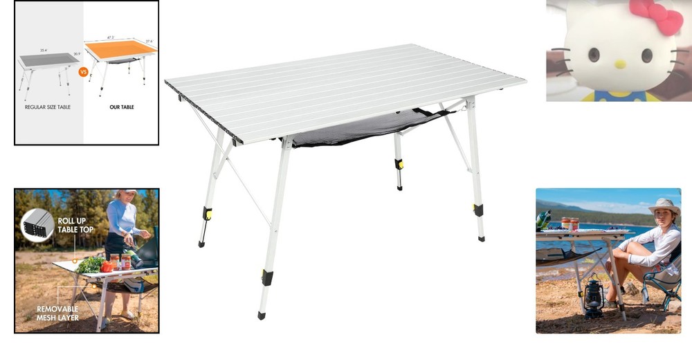 Extra Large Portable Aluminum Folding Camping Table - Adjustable Height, Silver