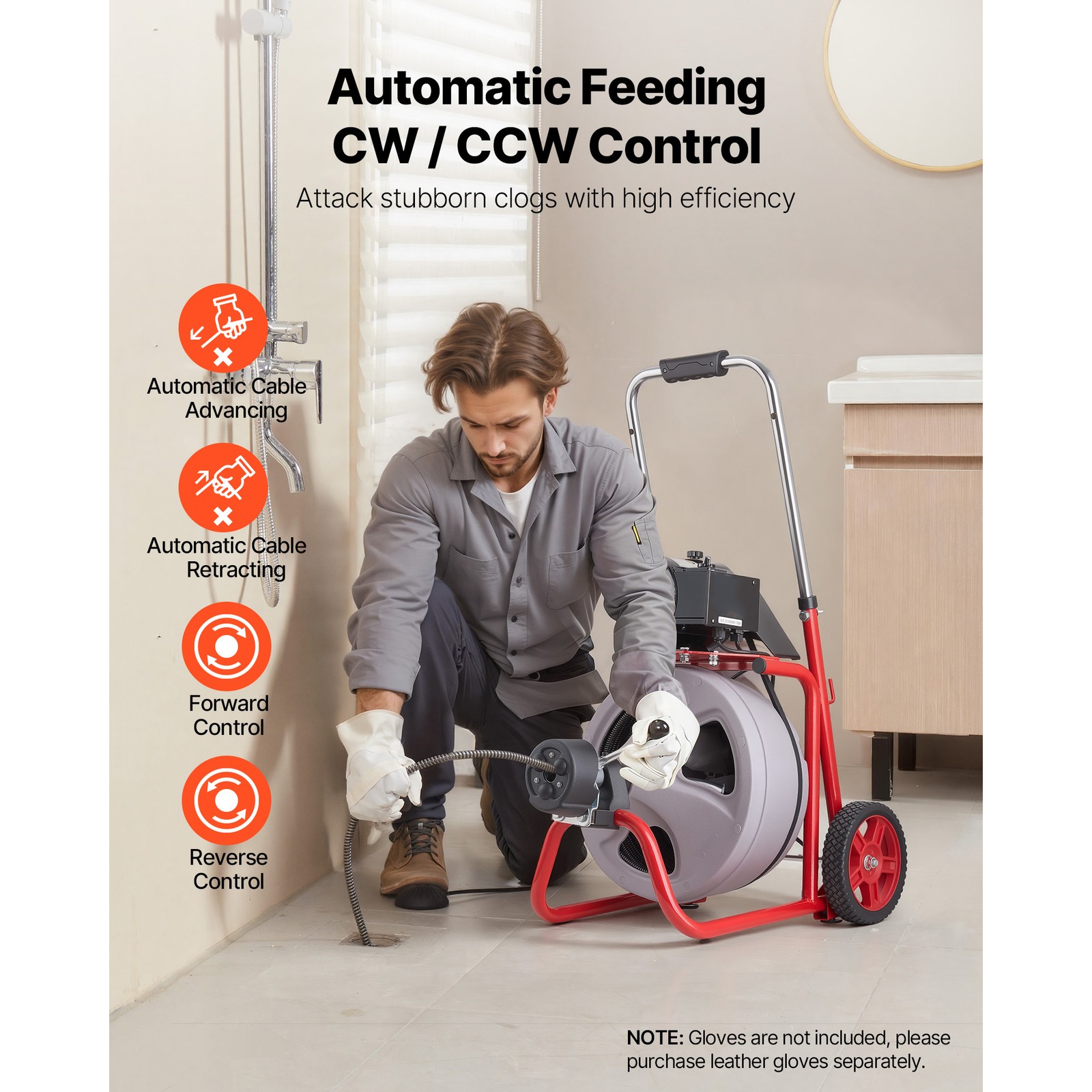 Uimoso Drain Cleaning Machine 100 FT x 3/8 In with Auto Feed,Wheels & 8 Cutters