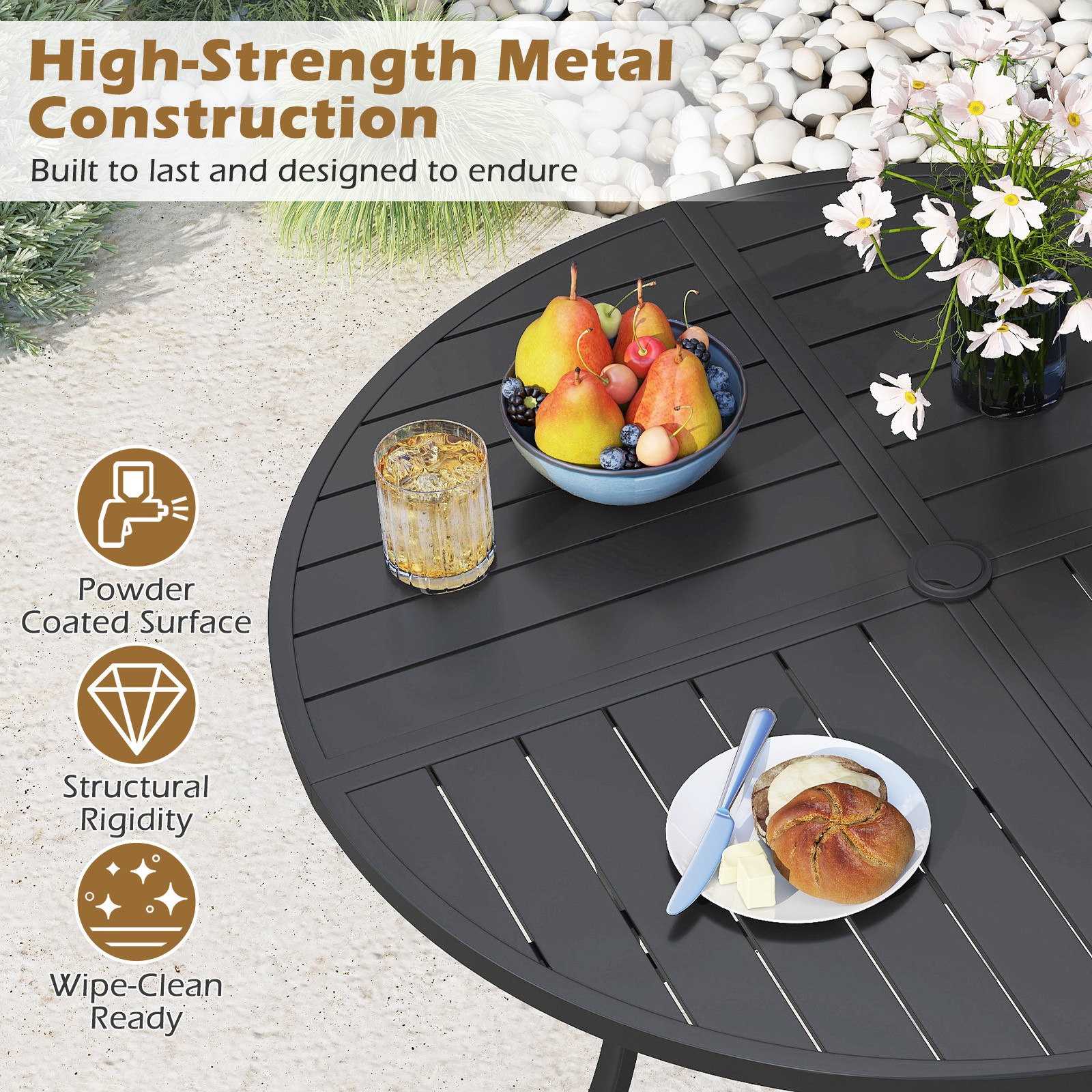 Patio Dining Table, 42.5" Round Metal Slat Table with Umbrella Hole, Outdoor