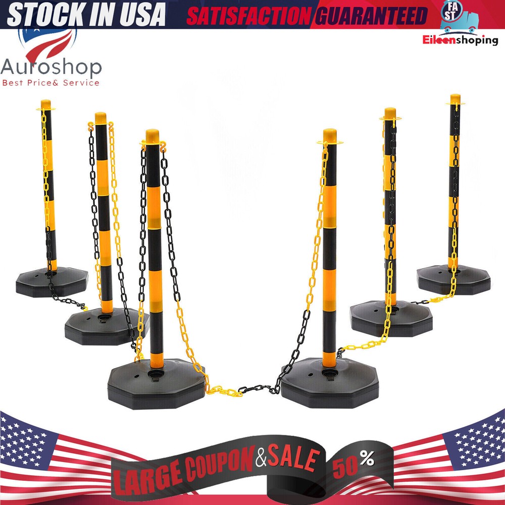 6 Pack Traffic Cones Adjustable Delineator Post Portable Parking Pole W/ Chains