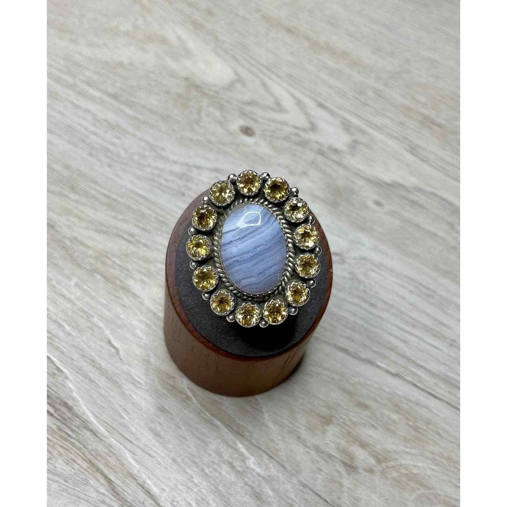 Blue Lace Agate with Citrine Cluster Sterling Silver Ring