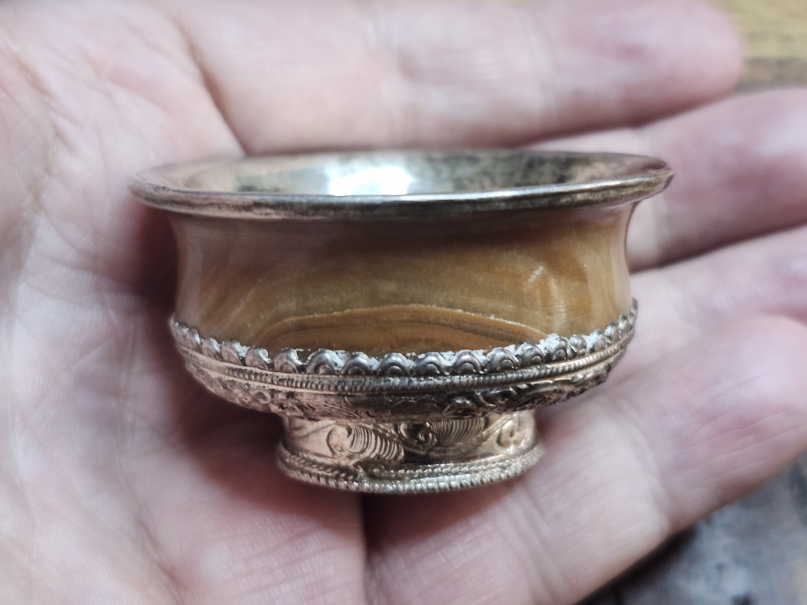 Tibetan Jha Phor Silver & Carved Stone Ritual Tea Bowl 2” Nepal 57.94 Grams