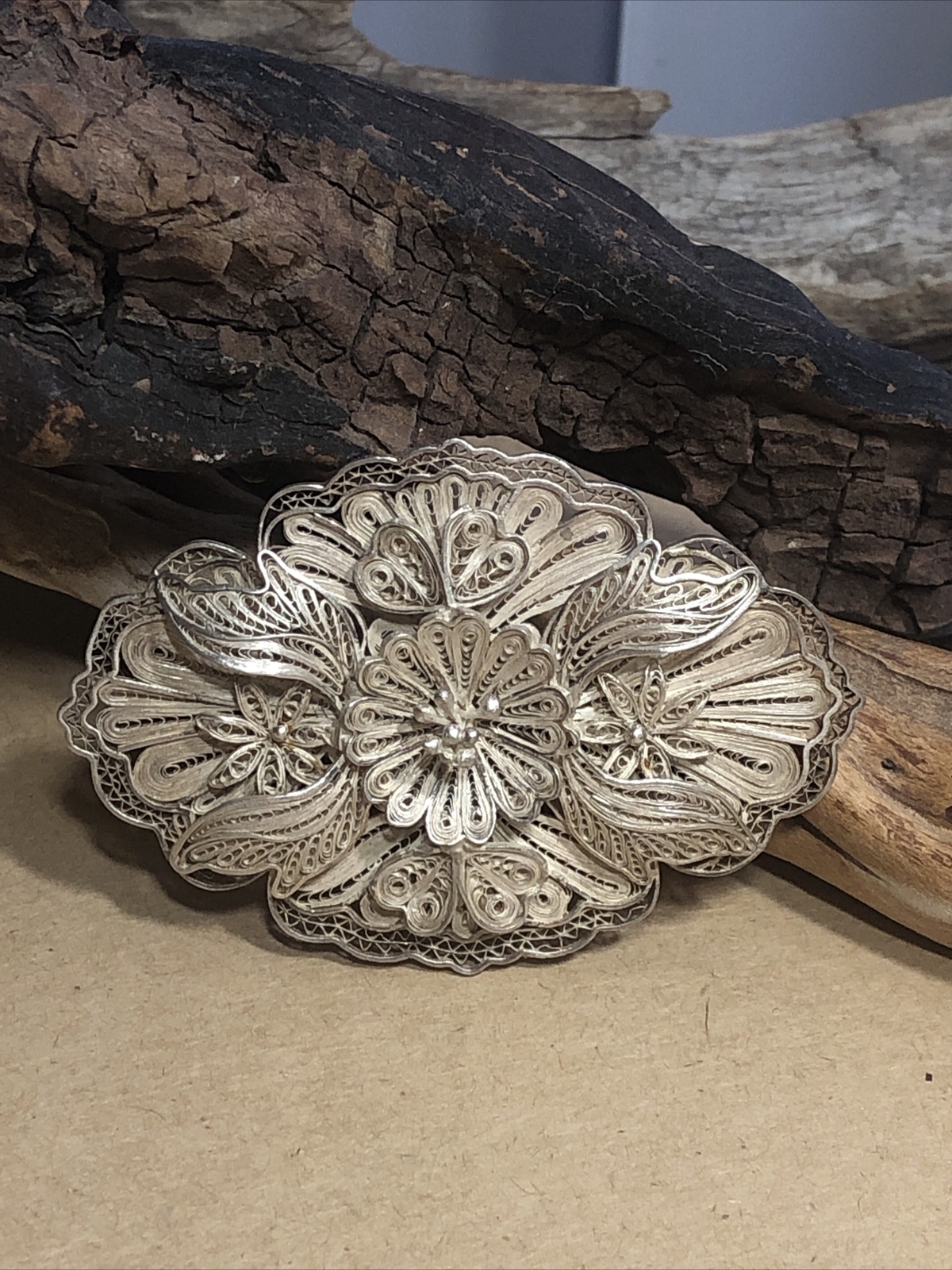 Vintage Old 925 Sterling Silver Cannetille Filigree Floral Pin Brooch 17.7g