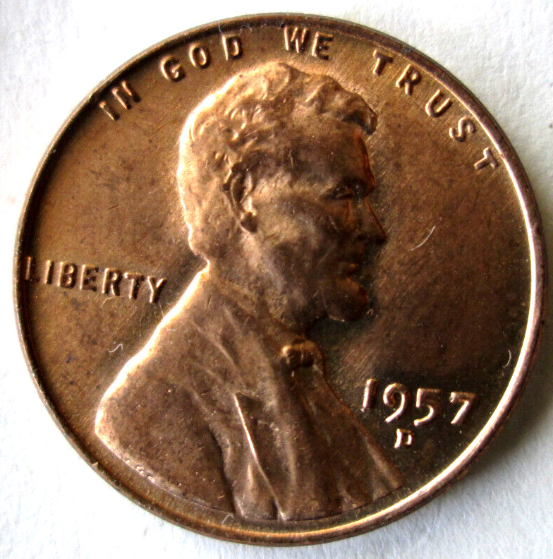 1957-D WHEAT, REVERSE DIE CRACK ERROR BOTTOM LEFT STALK, MS++, RED, CIRCULATED