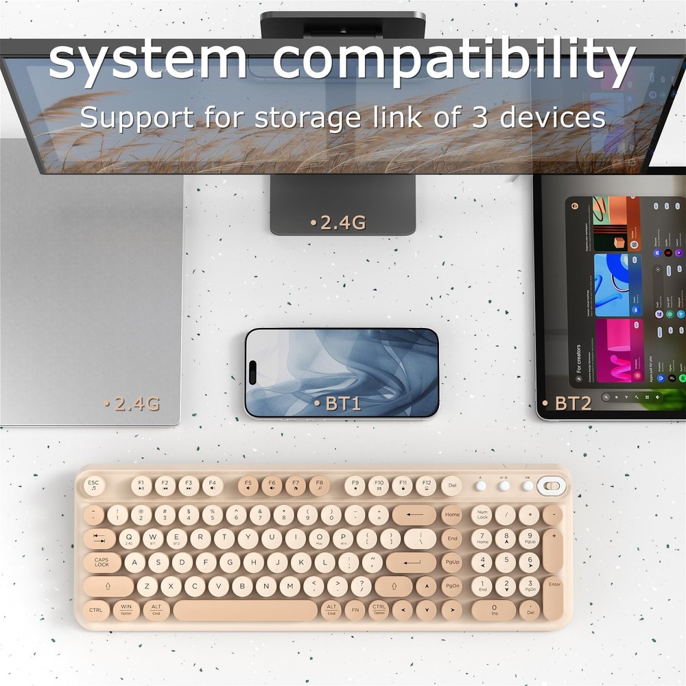 Wireless Bluetooth Keyboard - Full Size Retro Round Typewriter Style Wireless...