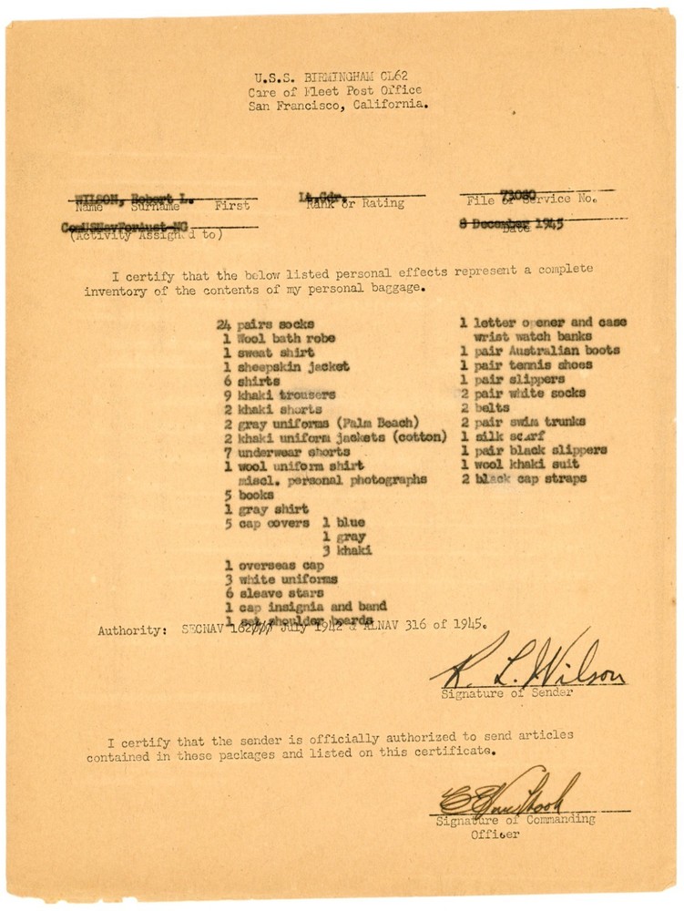 1945 USS Birmingham Personal Baggage Approval Certificate #DG