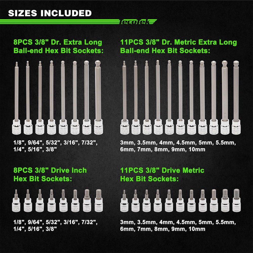 38-Piece 3/8 Inch Drive Extra Long End & Standard Hex Bit Socket Set, Extra L...