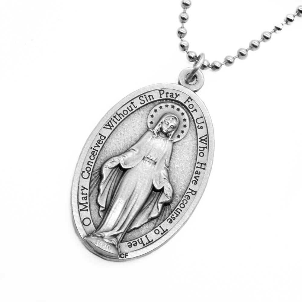Extra Large 1-3/4" Miraculous Medal Virgin Mary Pendant Necklace Italy 24" Chain