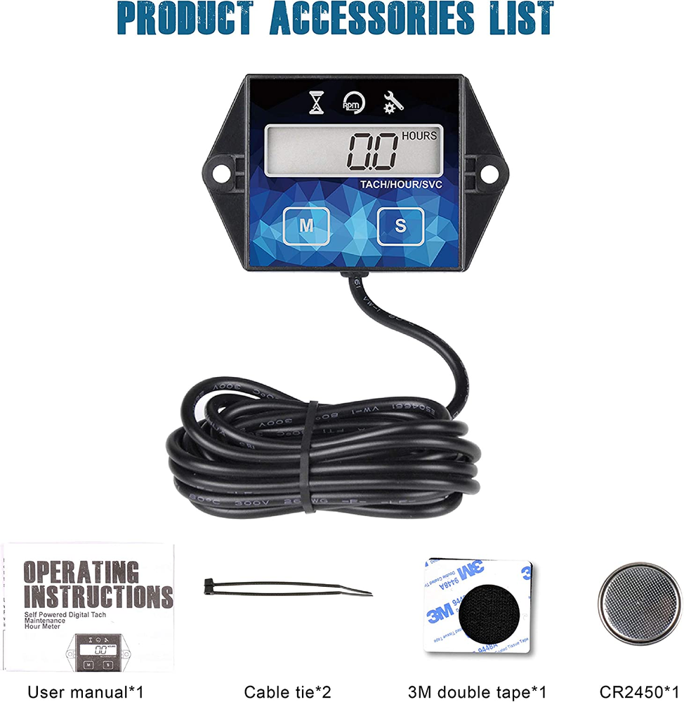 Small Engine Hour Meter, Digital Tachometer, Maintenance Reminder