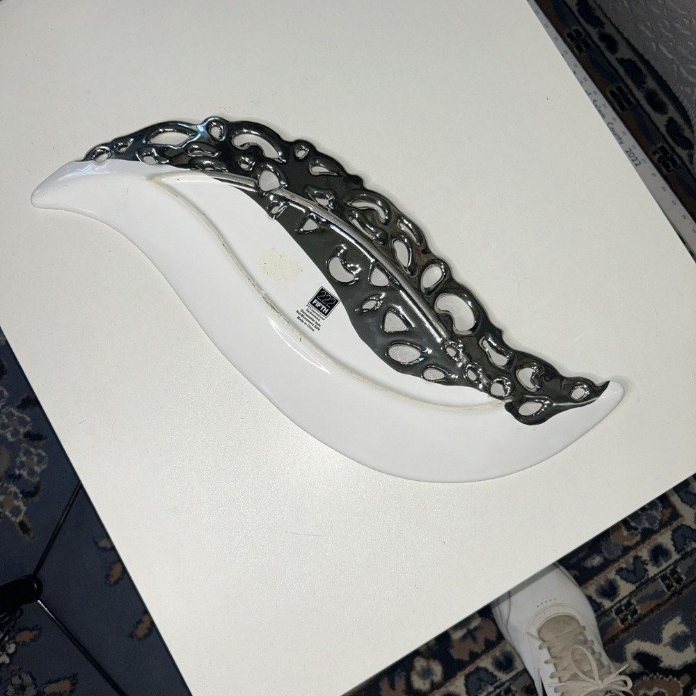 222 Fifth Heritage Leaf-Shaped Serving Platter – White with Metallic Scrollwork